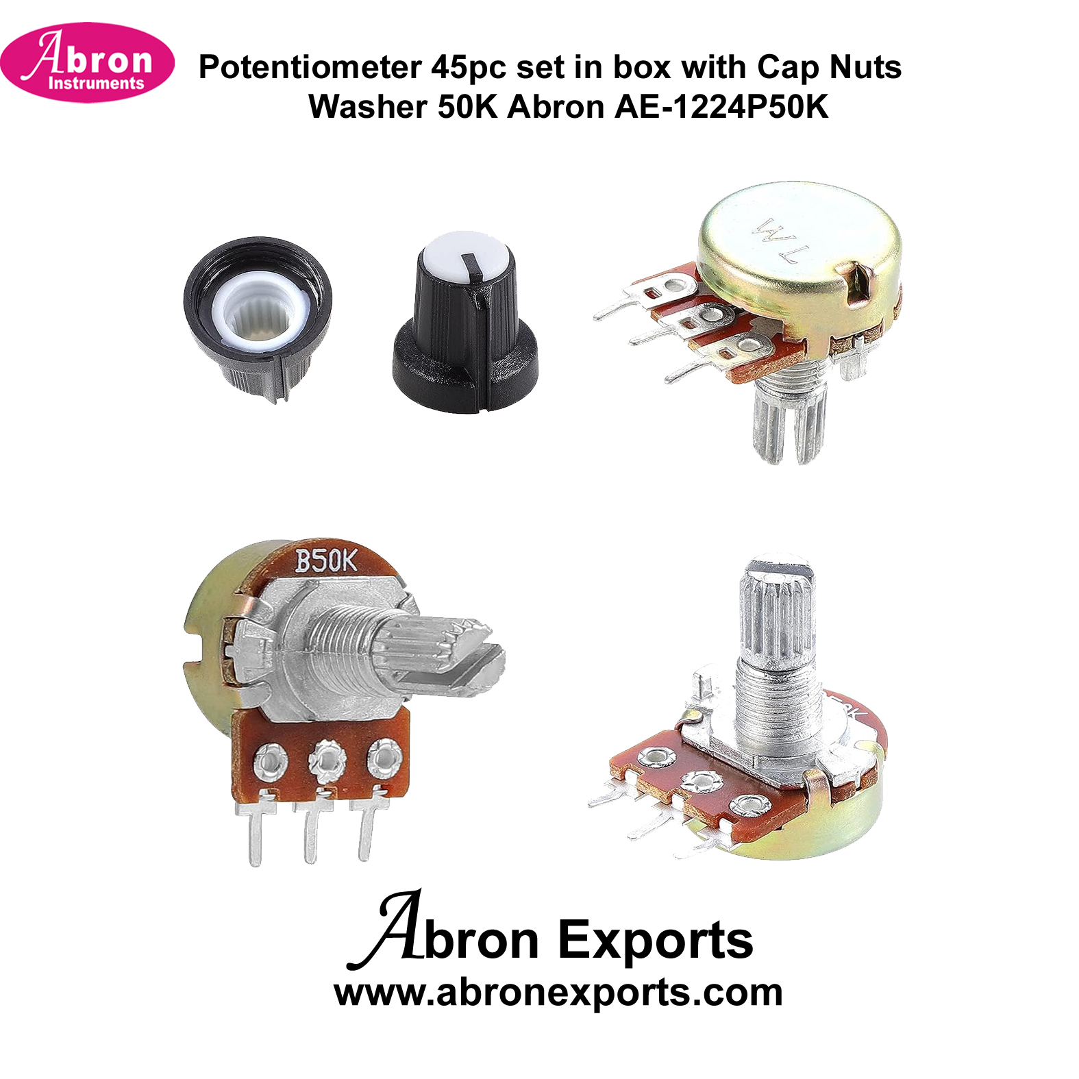 Potentiometer 45 pc set in box with Cap Nuts and Washer 50K Abron AE-1224P50K 